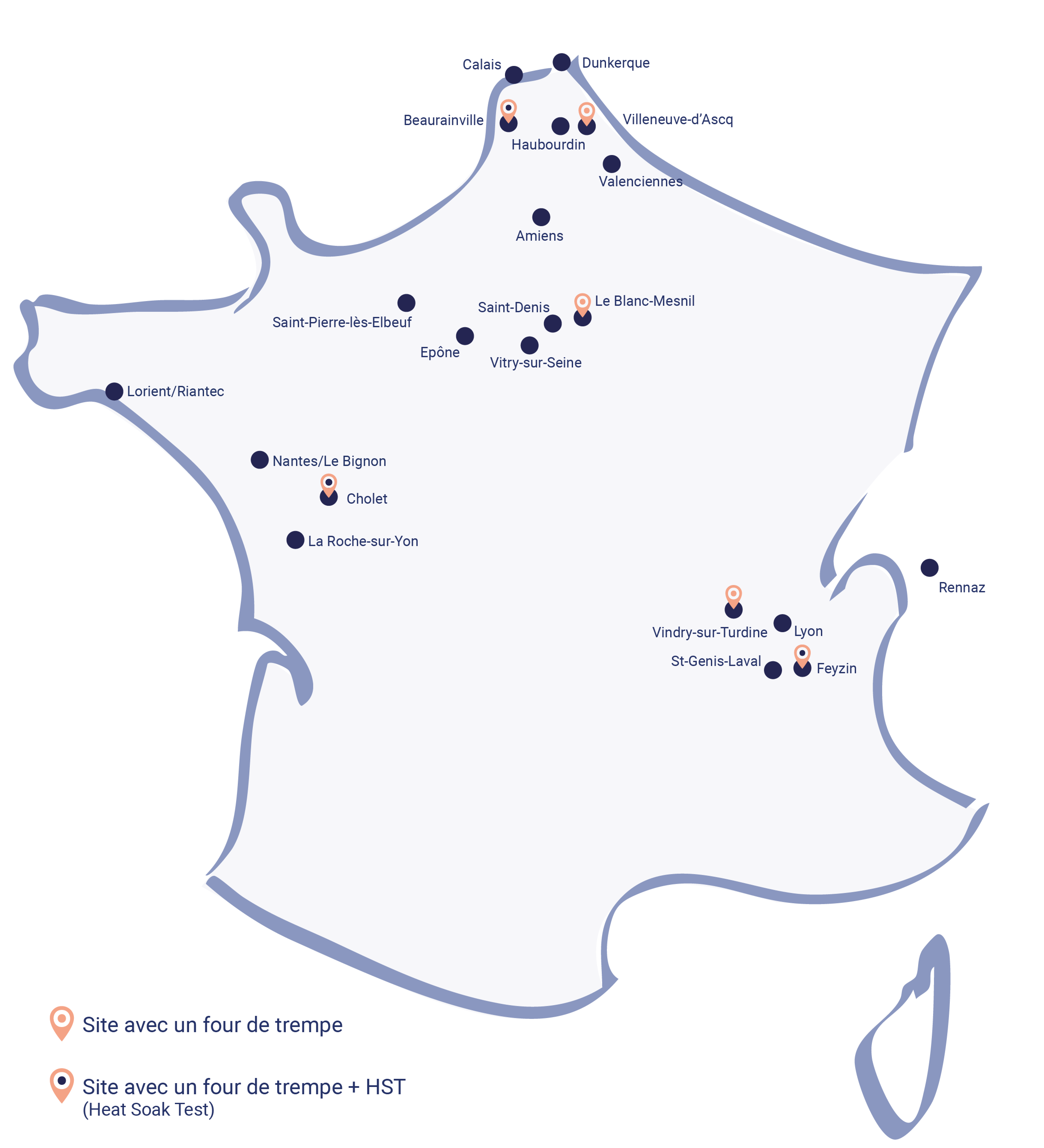 Carte des implantations du groupe CEVINO GLASS en France et Suisse